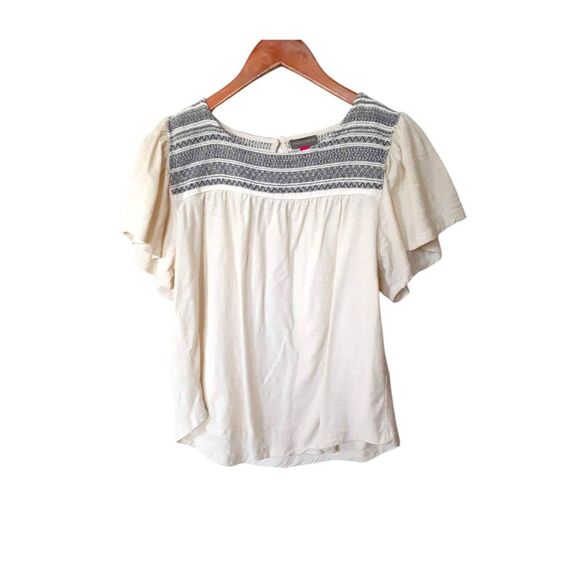 Vince Camuto Flutter Sleeve Peasant Top Size L Boho Chic Embroidered Cotton - Picture 8 of 9